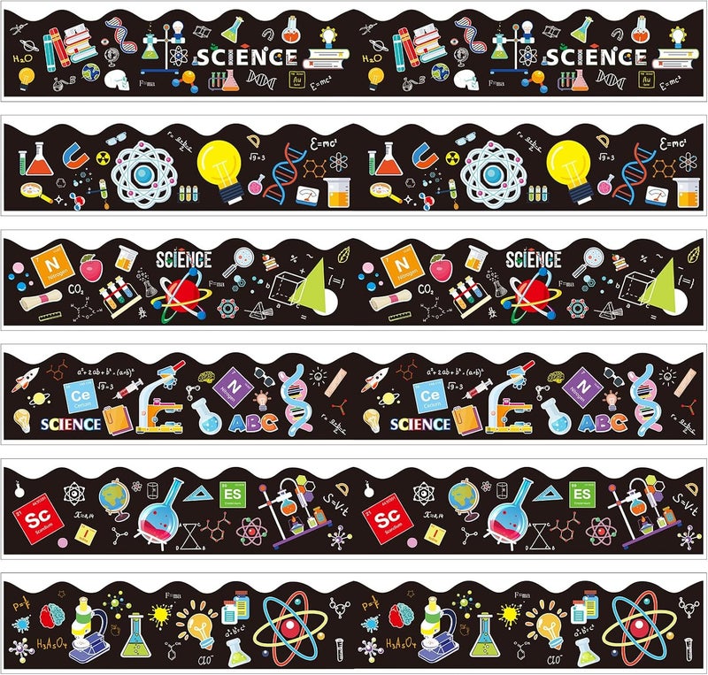 Geyee 84 Pieces 83 Feet Classroom Bulletin Board Borders Scalloped Rainbow Bulletin Board Trim Adhesive Decorations Colorful for Chalkboard, 6 Designs(Science Style) - Image 1